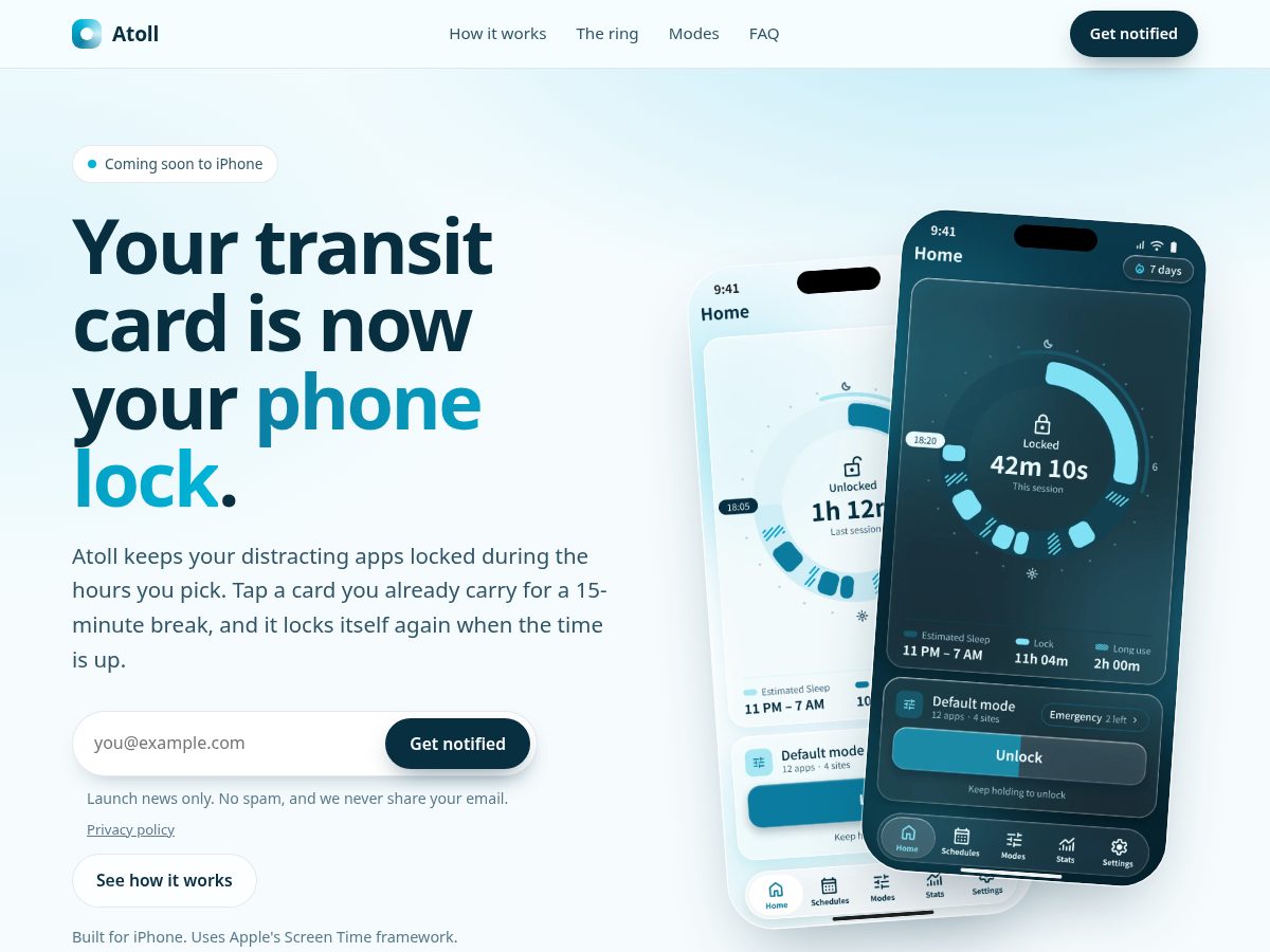 Landing-page snapshot of tryatoll.app