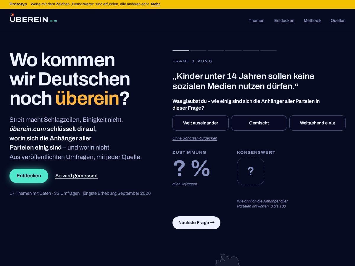 Landing-page snapshot of ueberein.com