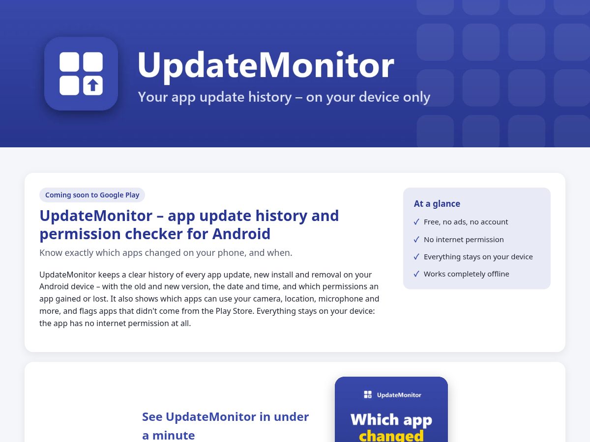 Landing-page snapshot of updatemonitor.app