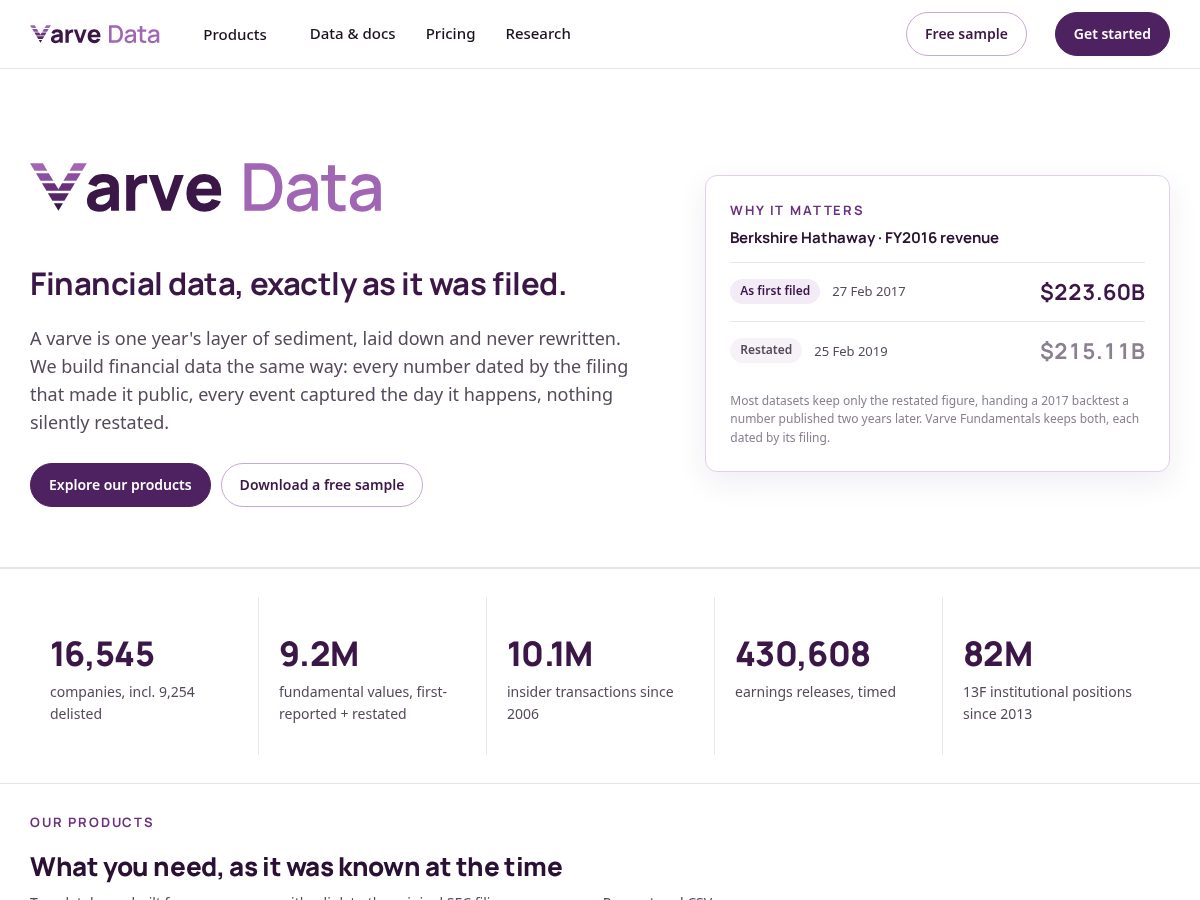 Landing-page snapshot of varvedata.com