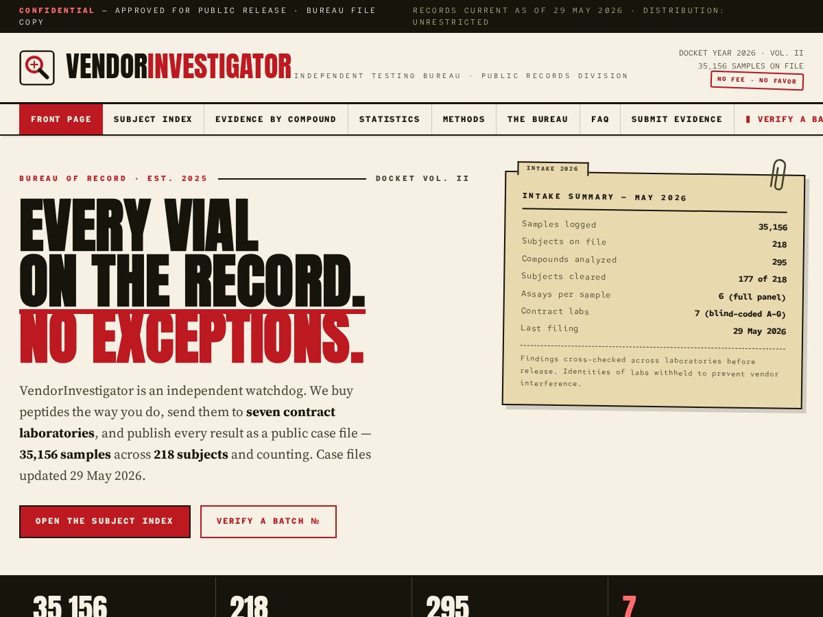 Landing-page snapshot of vendorinvestigator.org