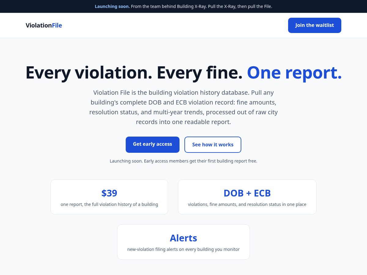 Landing-page snapshot of violationfile.com
