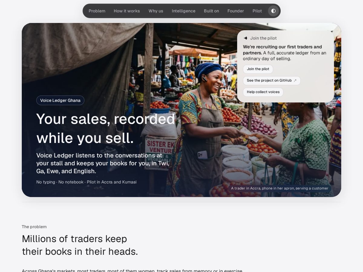 Landing-page snapshot of voiceledger.app