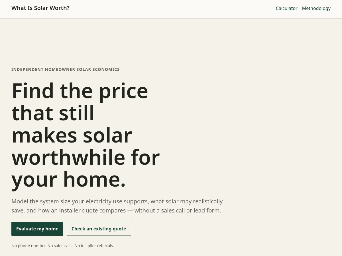 Landing-page snapshot of whatissolarworth.com