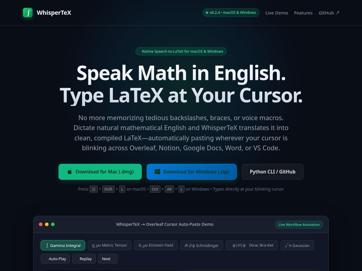 Landing-page snapshot of whispertex.dev