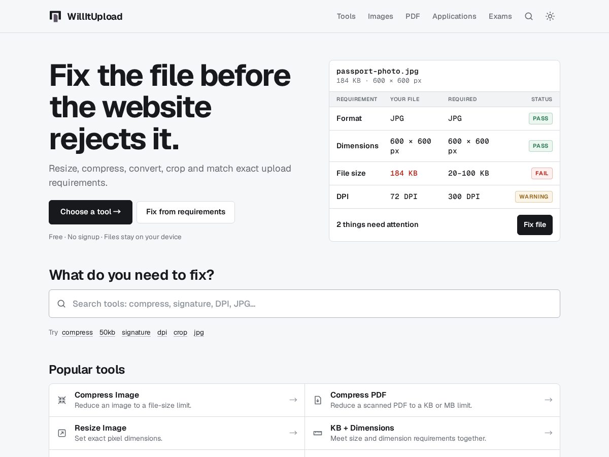 Landing-page snapshot of willitupload.com