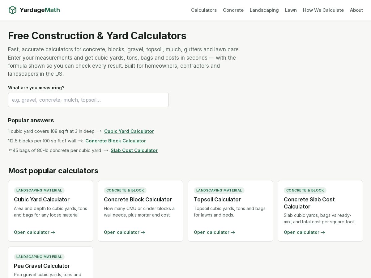 Landing-page snapshot of yardagemath.com