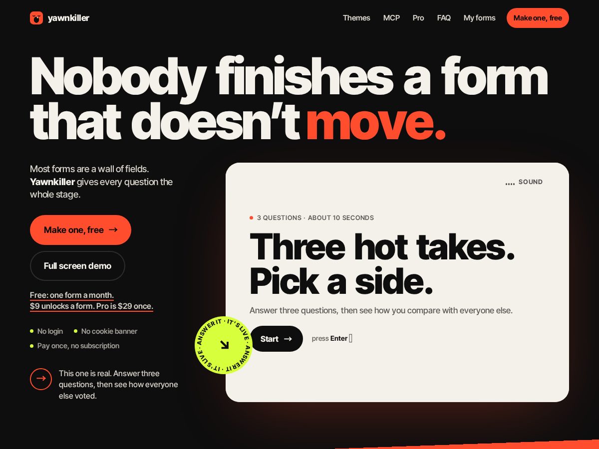 Landing-page snapshot of yawnkiller.com