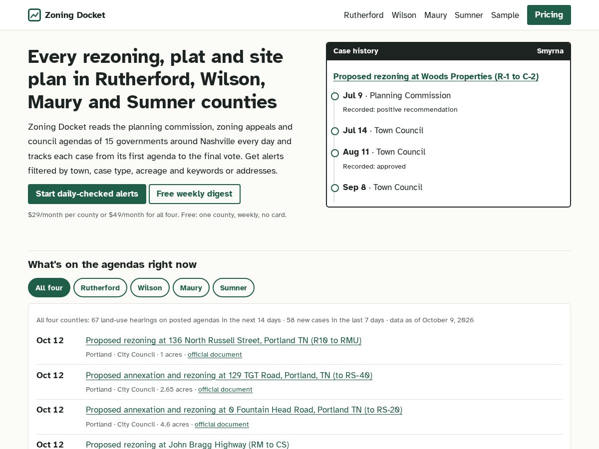 Landing-page snapshot of zoningdocket.com