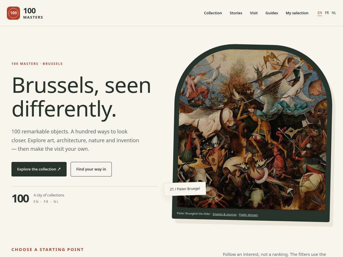 Landing-page snapshot of 100masters.brussels