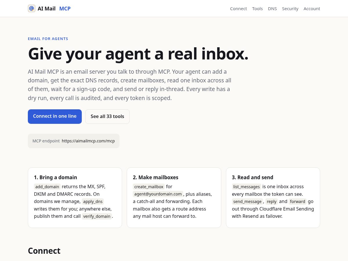 Landing-page snapshot of aimailmcp.com