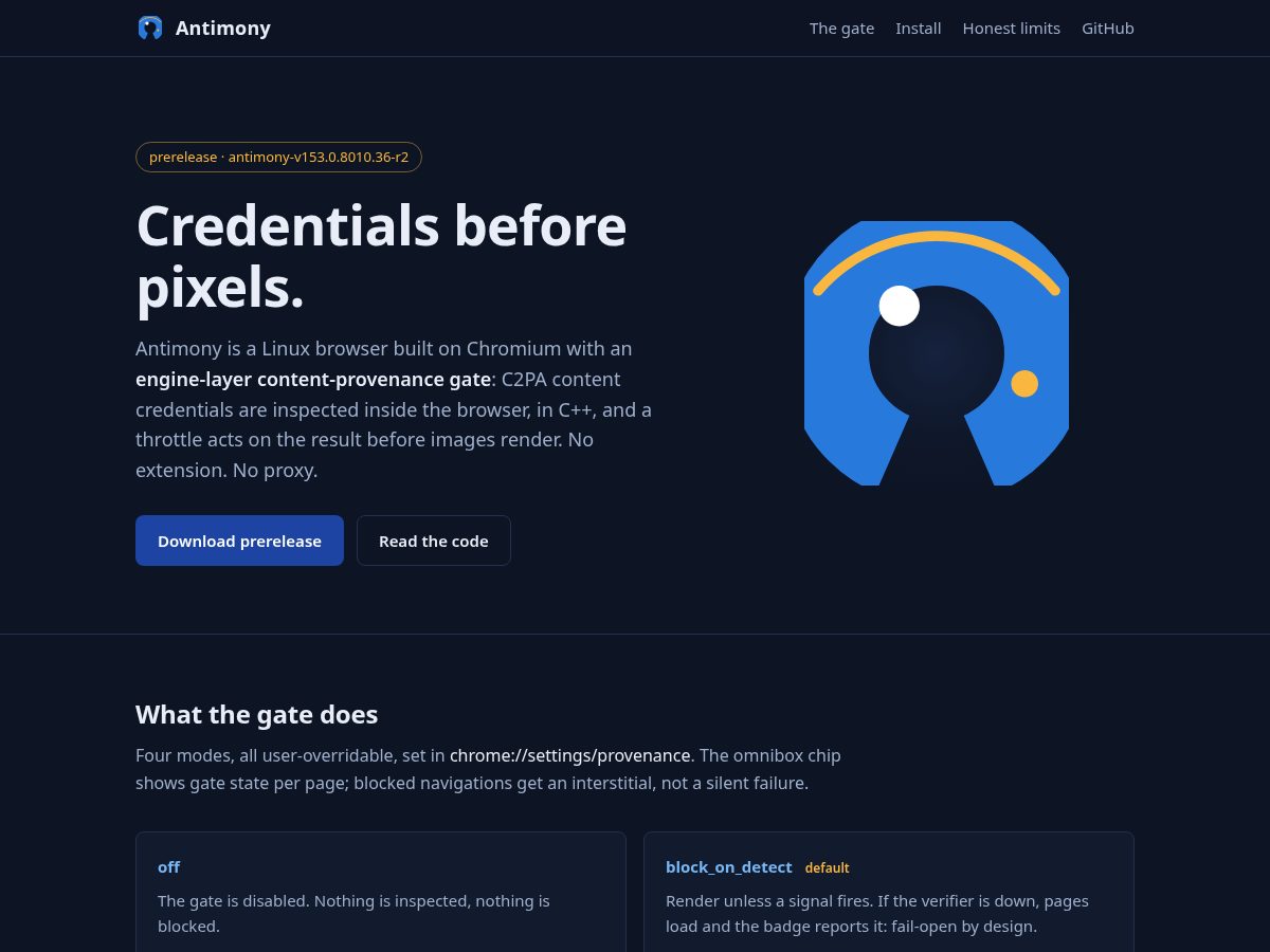 Landing-page snapshot of antimonybrowser.com