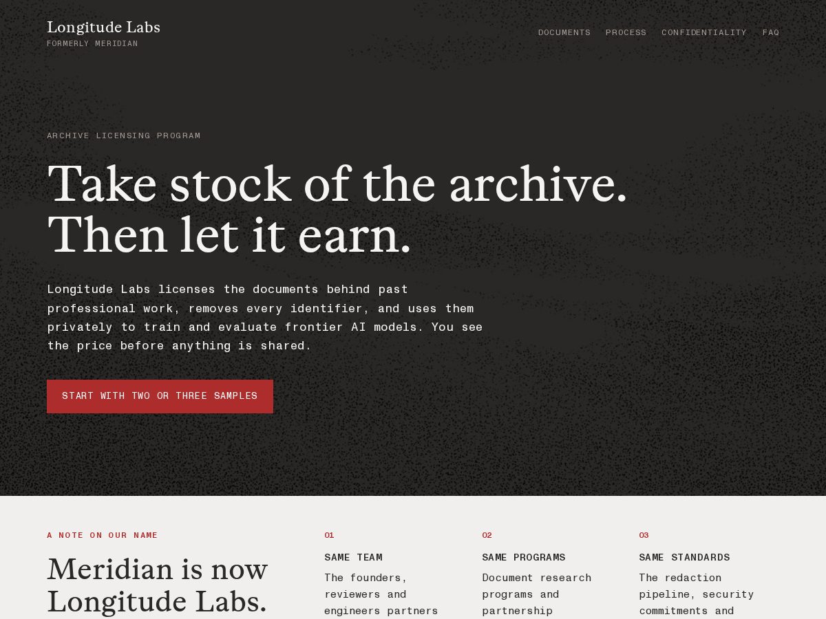 Landing-page snapshot of archivebylongitude.com