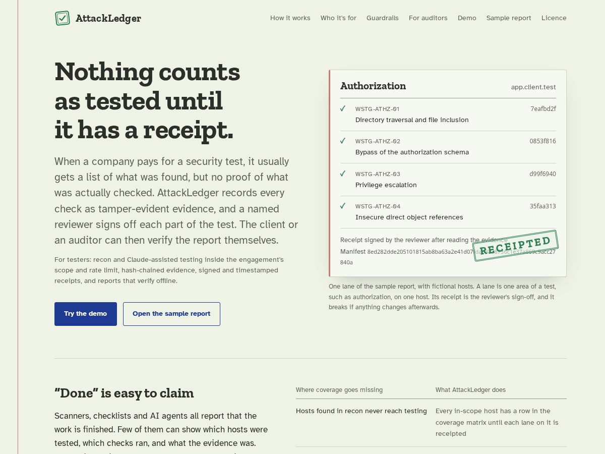 Landing-page snapshot of attackledger.com