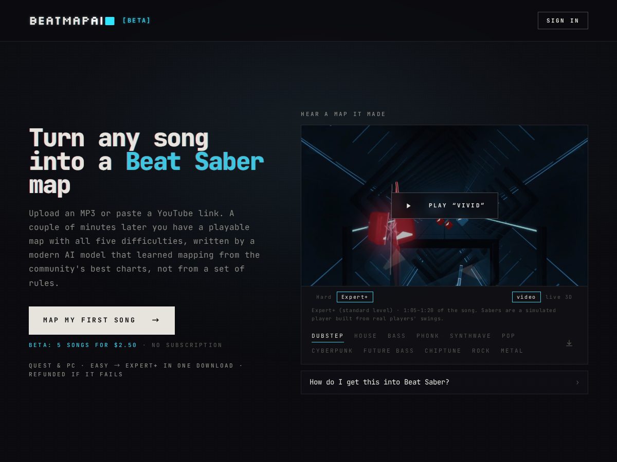 Landing-page snapshot of beatmapai.com