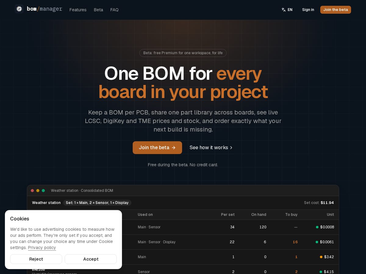 Landing-page snapshot of bomanager.app