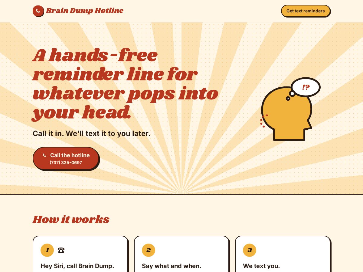 Landing-page snapshot of braindumphotline.com