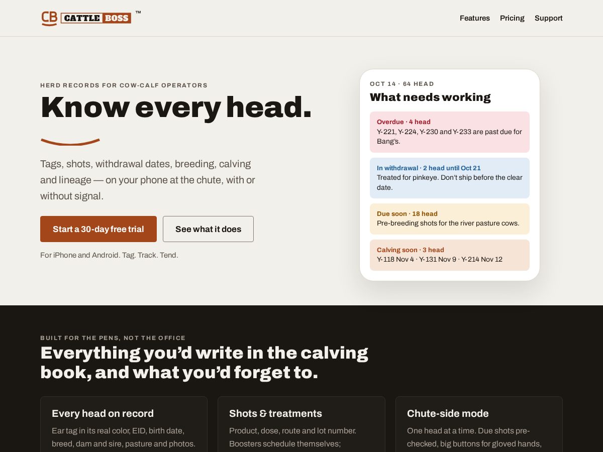 Landing-page snapshot of cattleboss.app