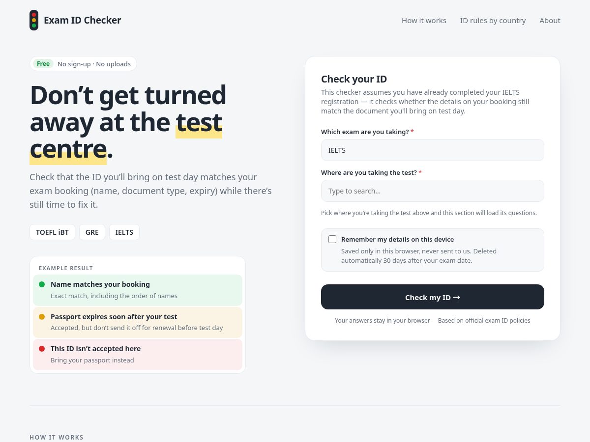 Landing-page snapshot of checkexamid.com