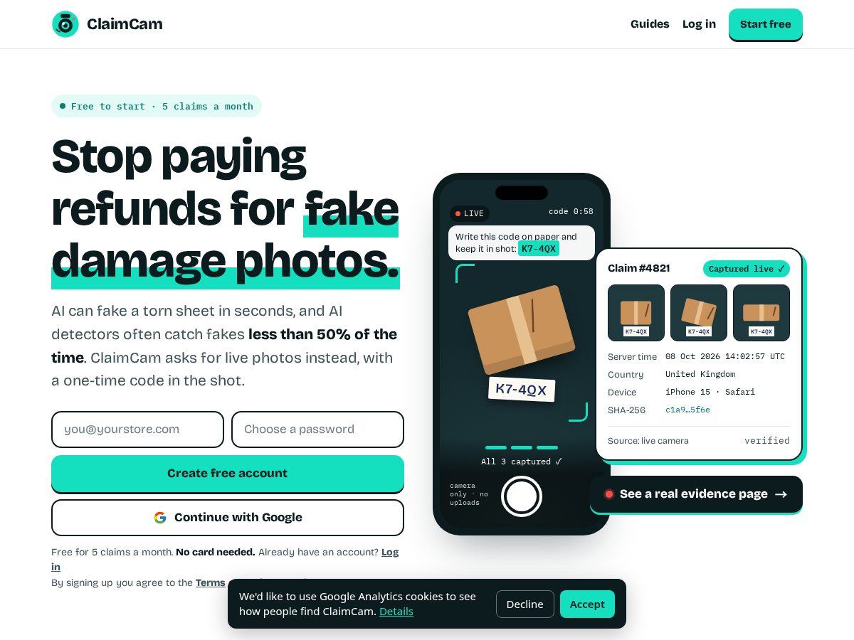 Landing-page snapshot of claimcam.link