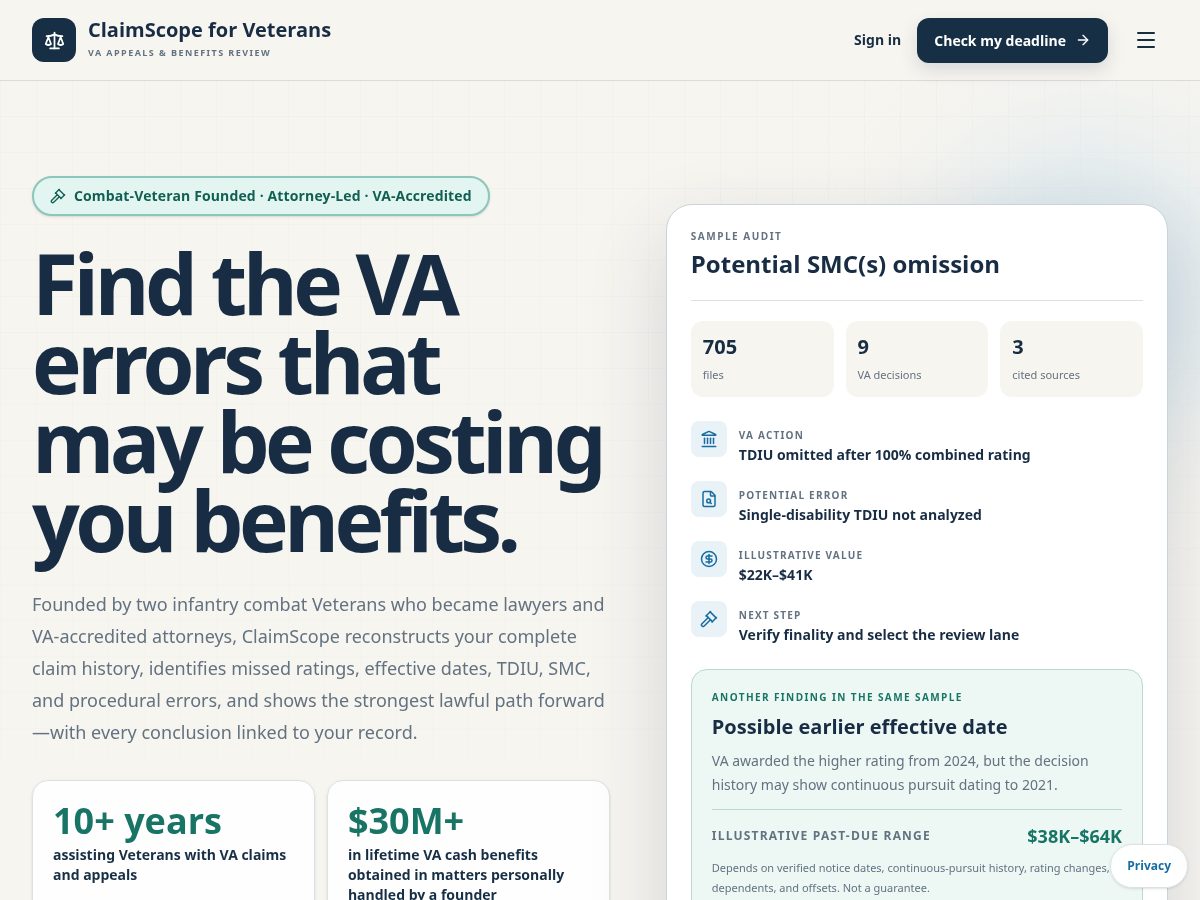 Landing-page snapshot of claimscopeveterans.com