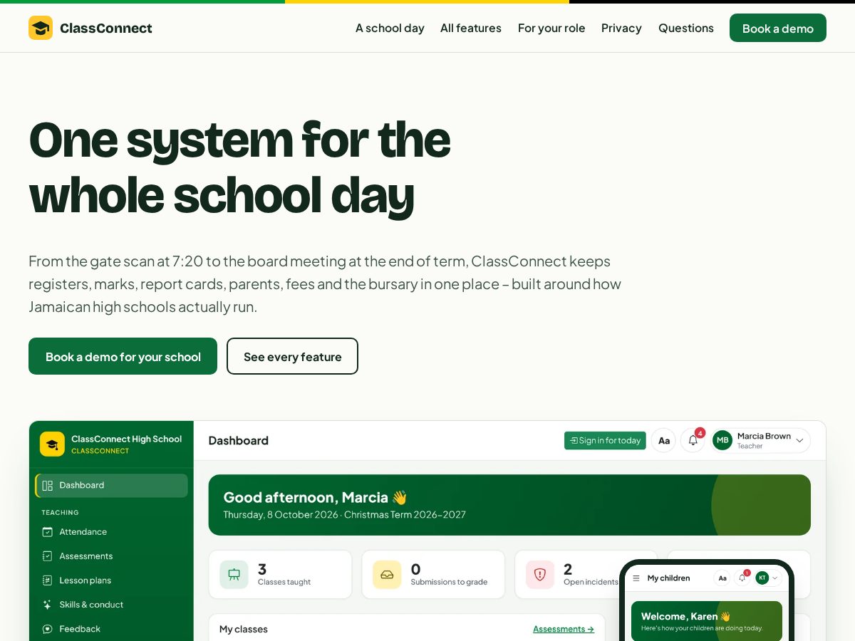 Landing-page snapshot of classconnectja.com