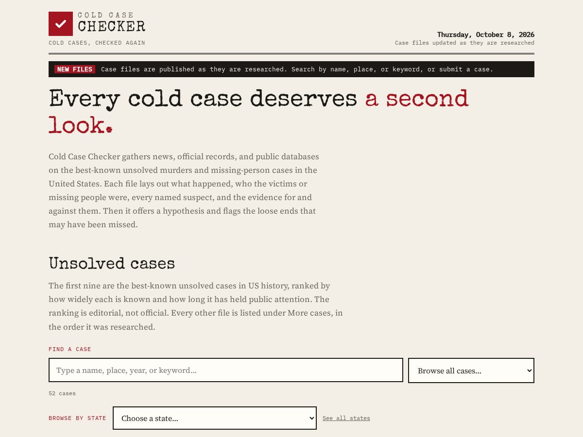 Landing-page snapshot of coldcasechecker.com