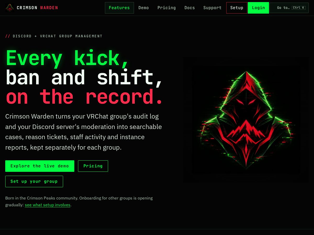 Landing-page snapshot of crimsonwardenbot.com