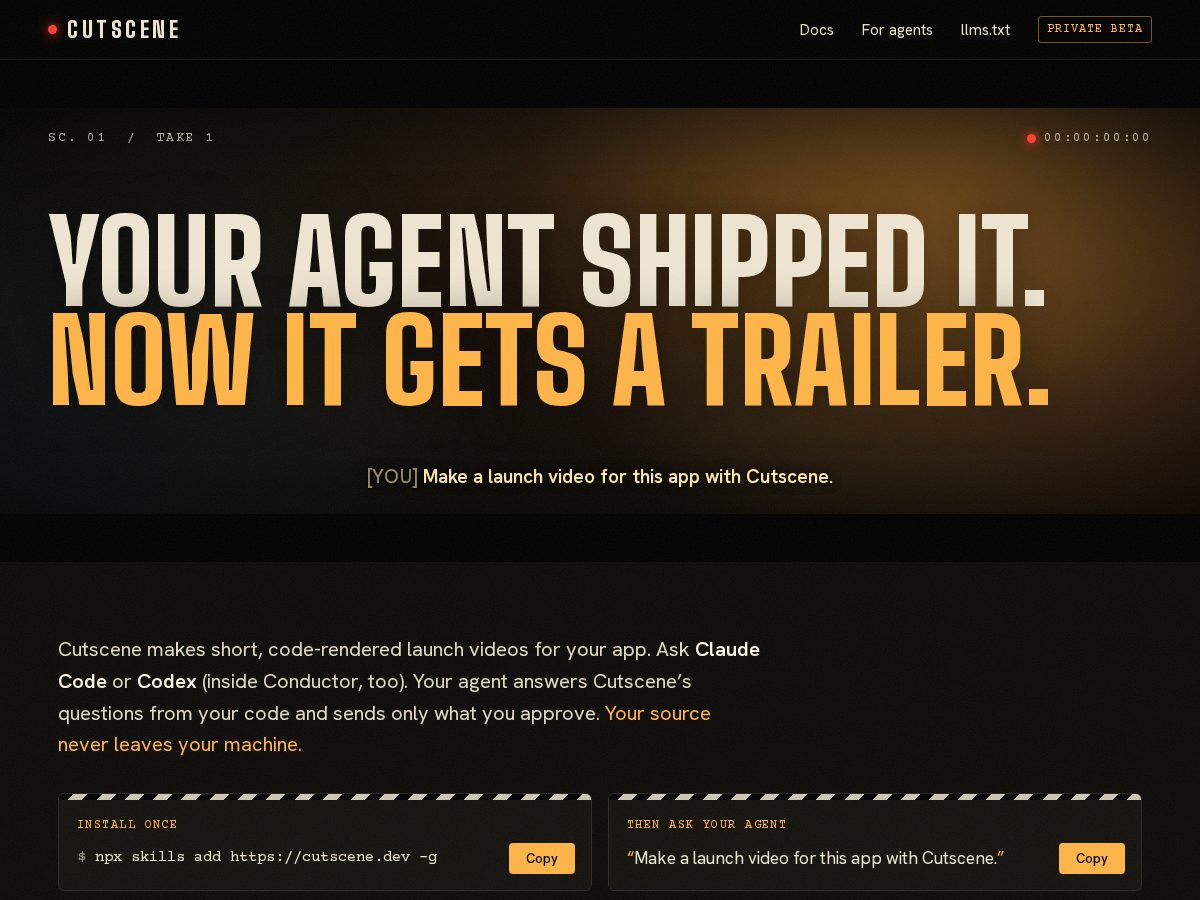 Landing-page snapshot of cutscene.dev