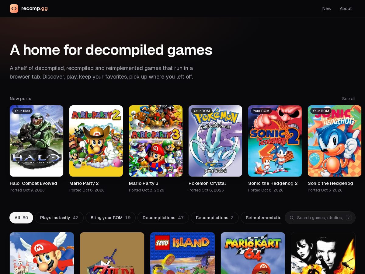 Landing-page snapshot of decompiled.games