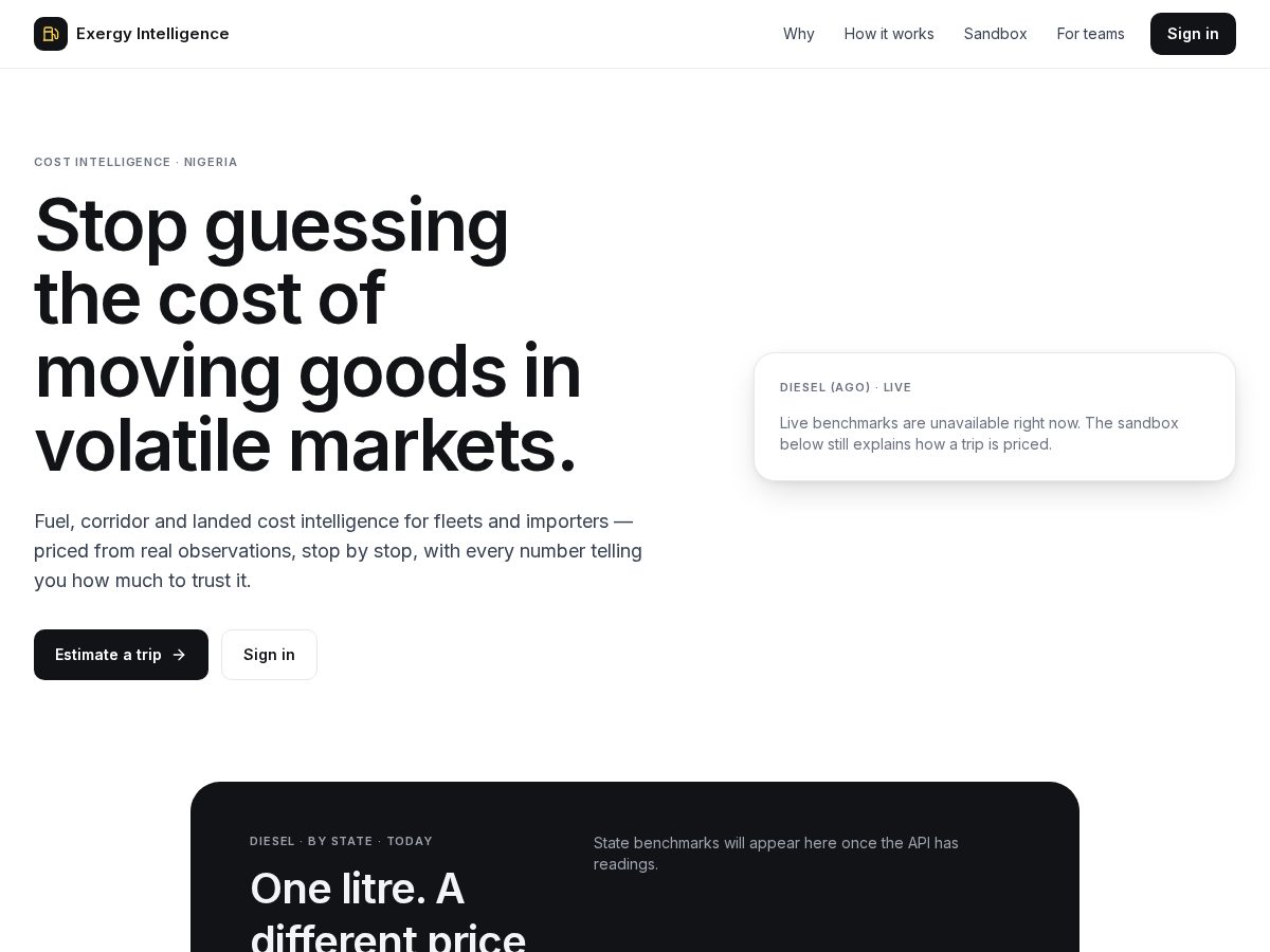Landing-page snapshot of exergyintelligence.tech