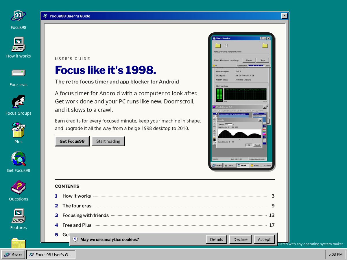 Landing-page snapshot of focus98.app
