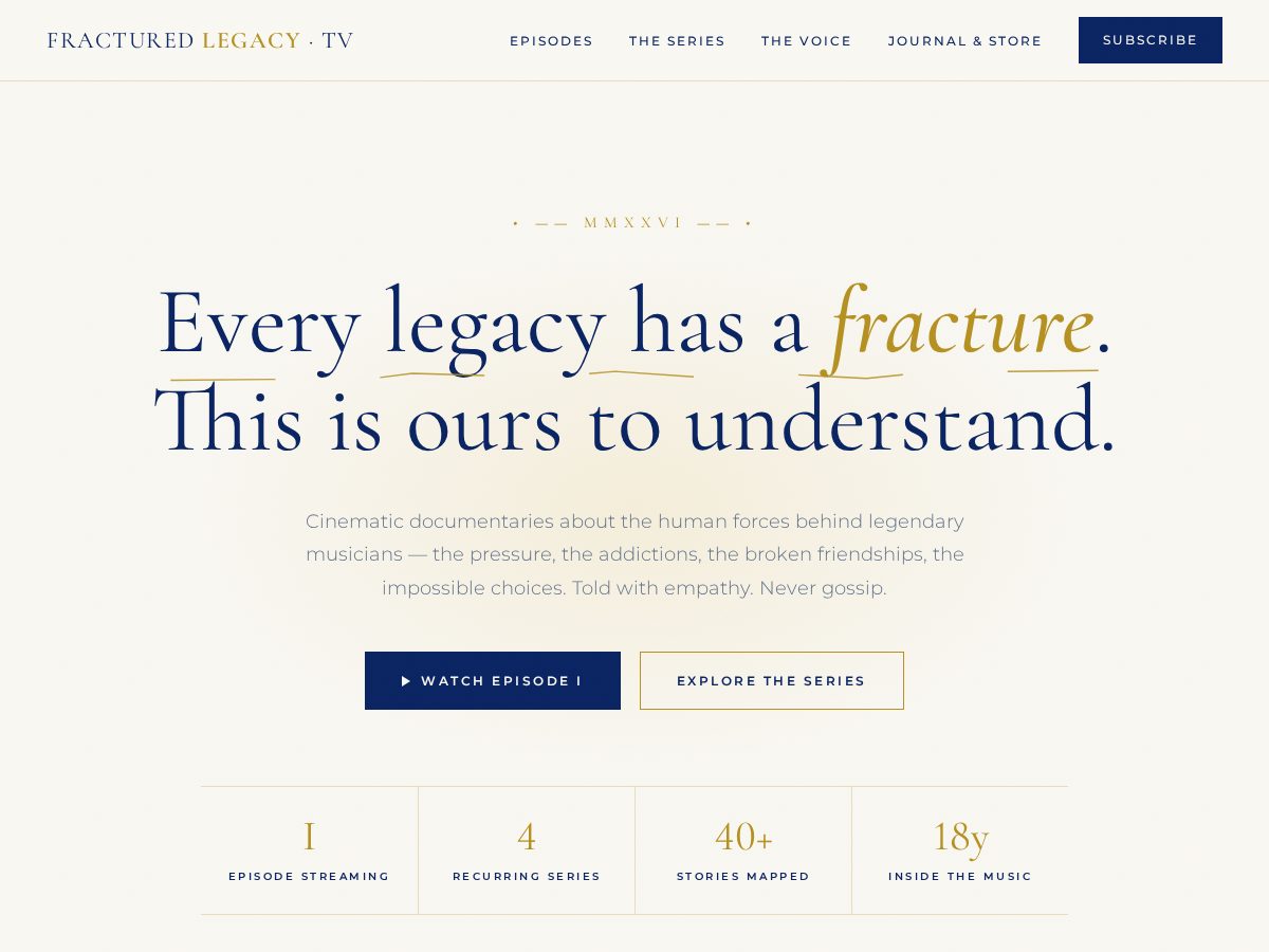 Landing-page snapshot of fracturedlegacytv.com