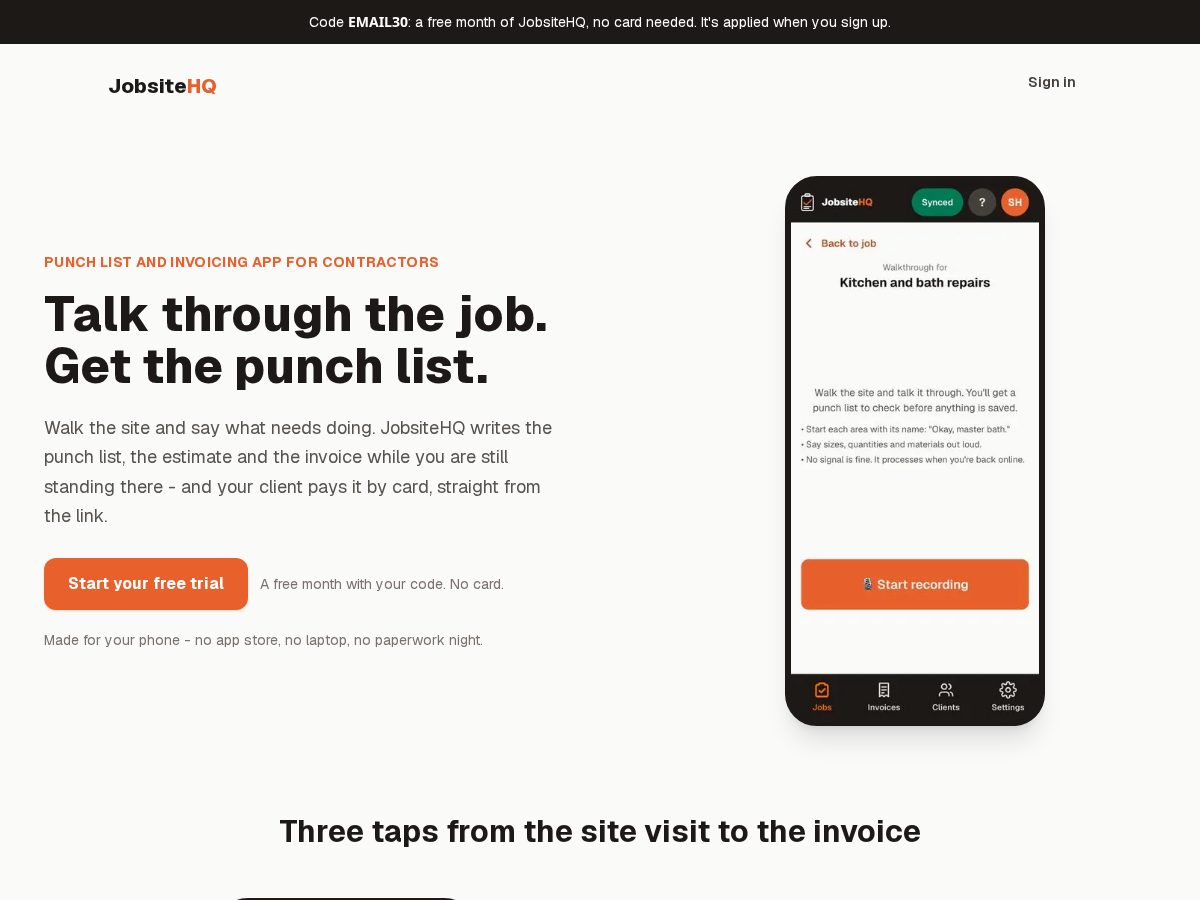 Landing-page snapshot of getjobsitehq.com