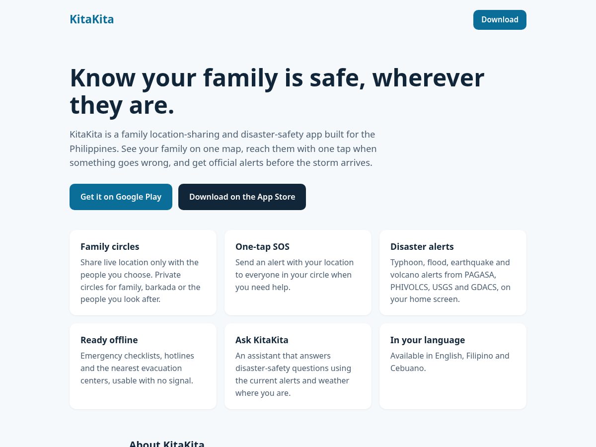 Landing-page snapshot of getkitakita.app
