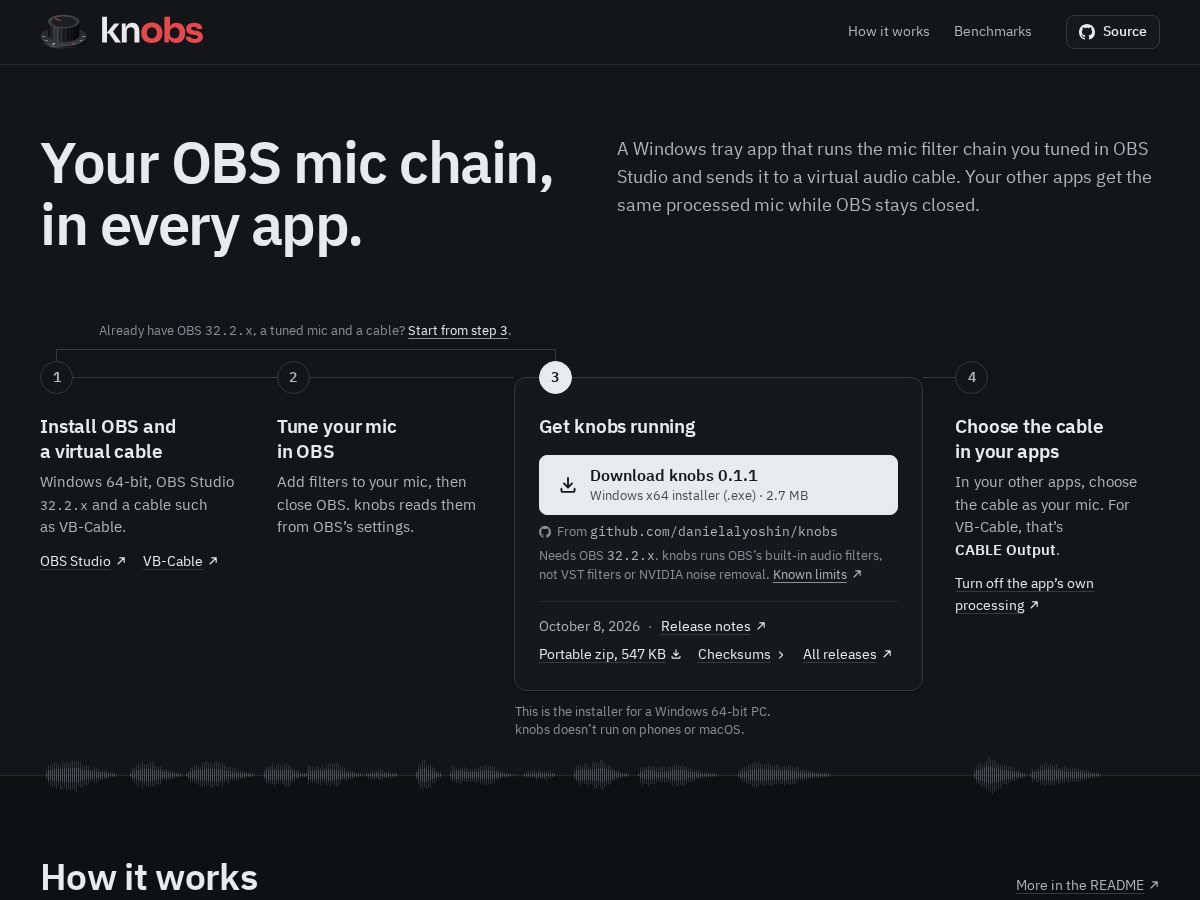 Landing-page snapshot of getknobs.app