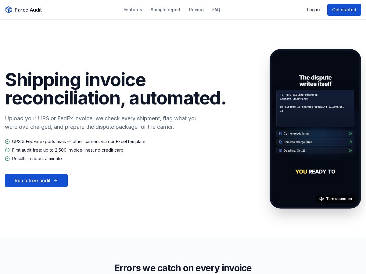 Landing-page snapshot of getparcelaudit.com