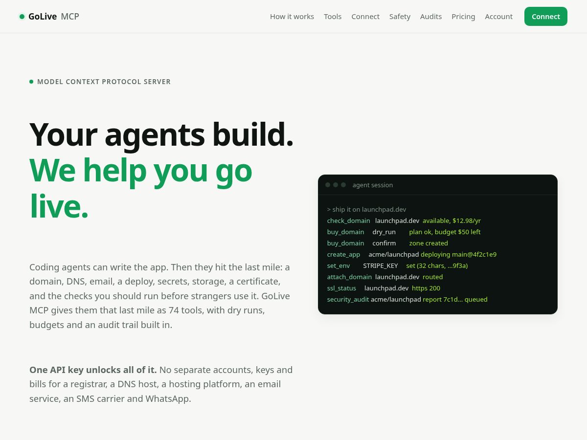 Landing-page snapshot of golivemcp.com
