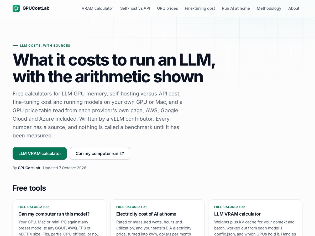 Landing-page snapshot of gpucostlab.com