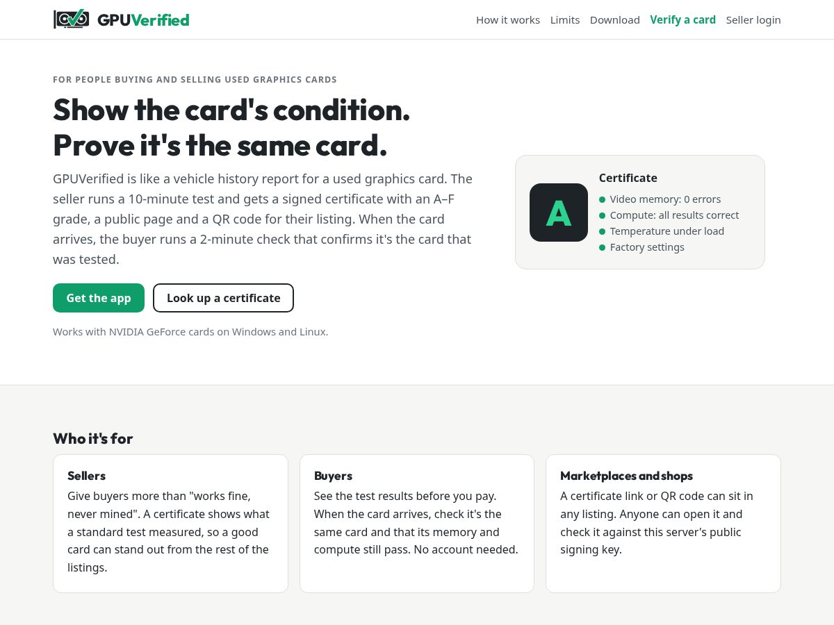 Landing-page snapshot of gpuverified.com