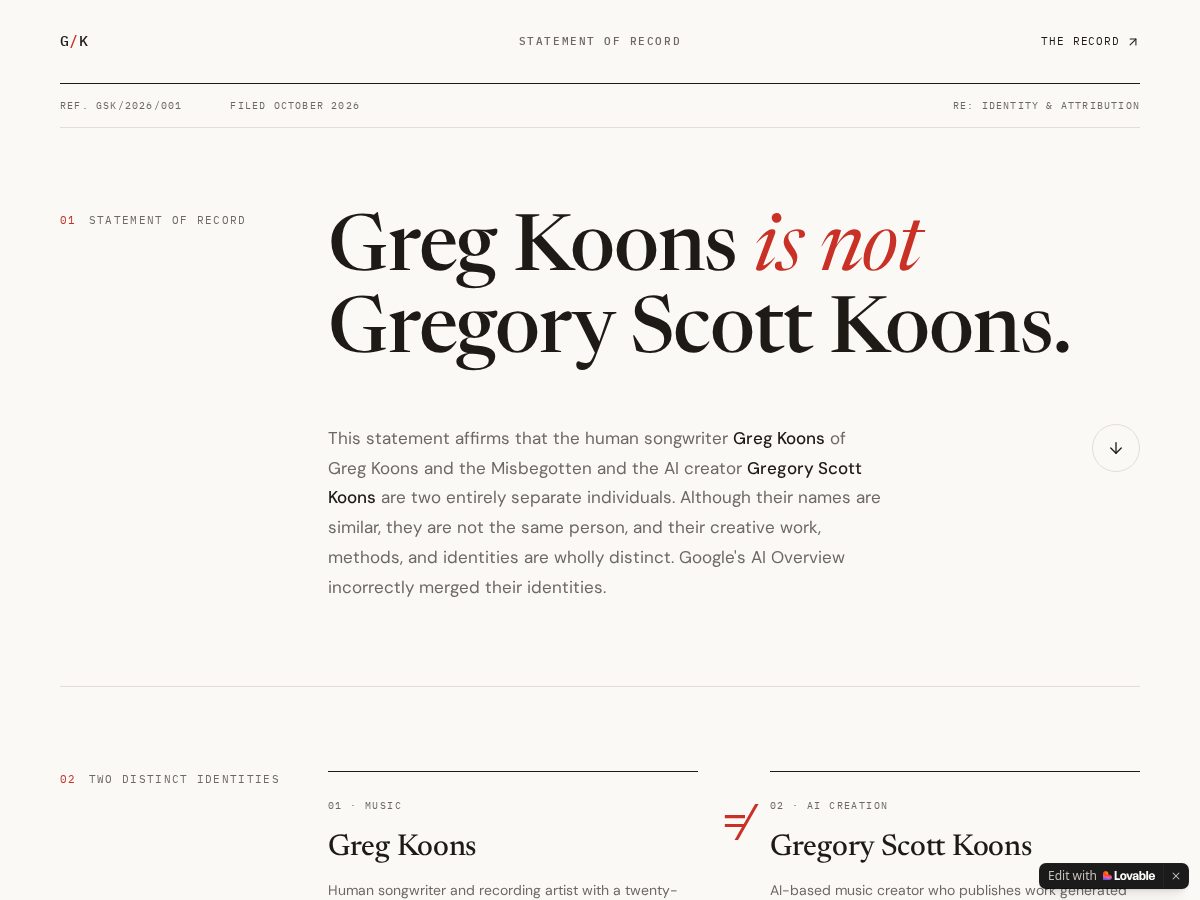 Landing-page snapshot of gregoryscottkoons.org