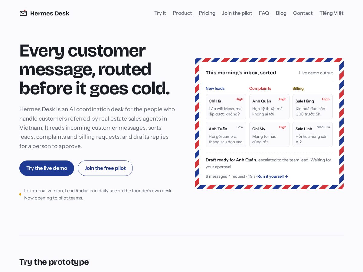 Landing-page snapshot of hermesdesk.dev