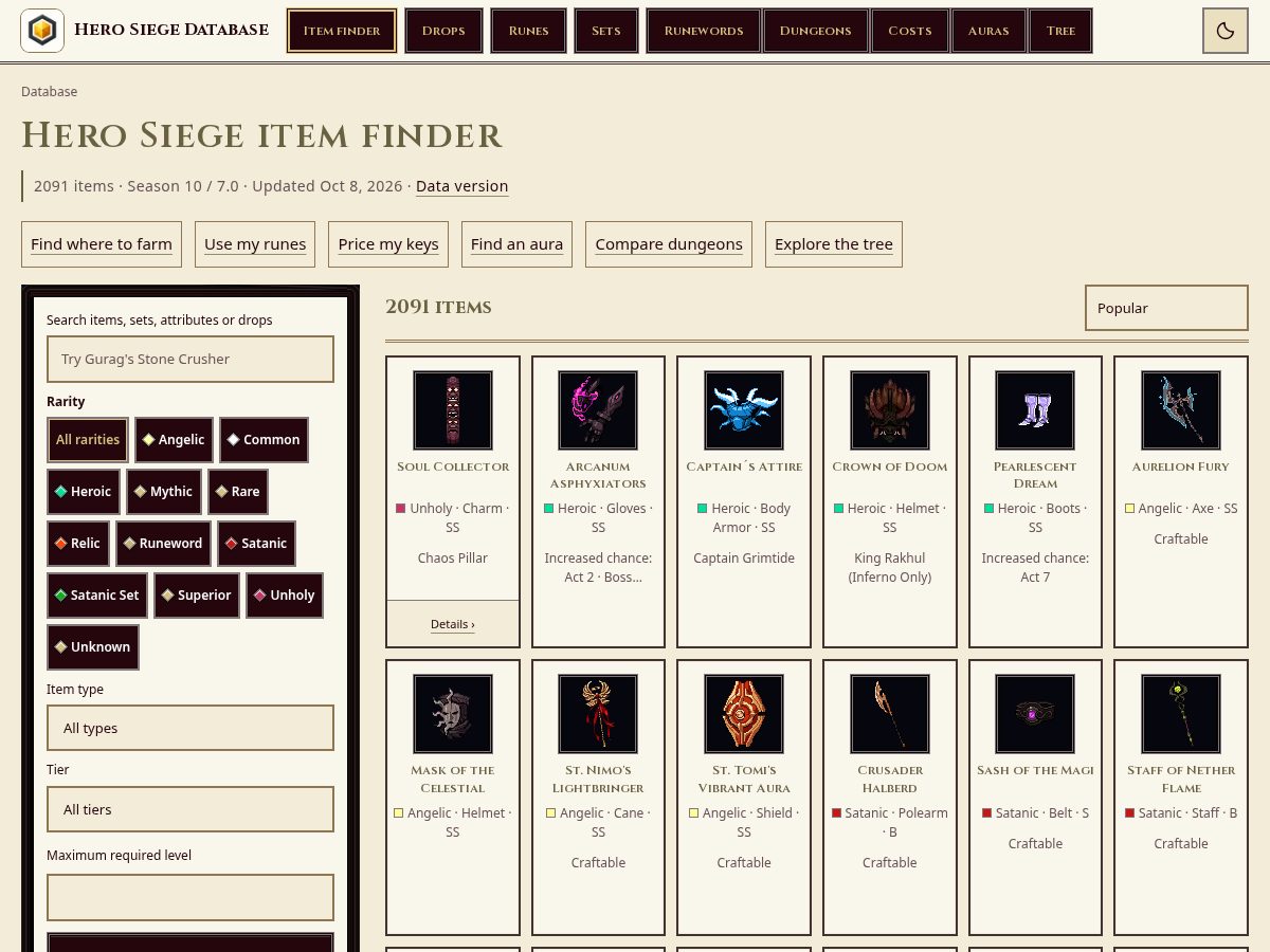 Landing-page snapshot of herosiegedatabase.com
