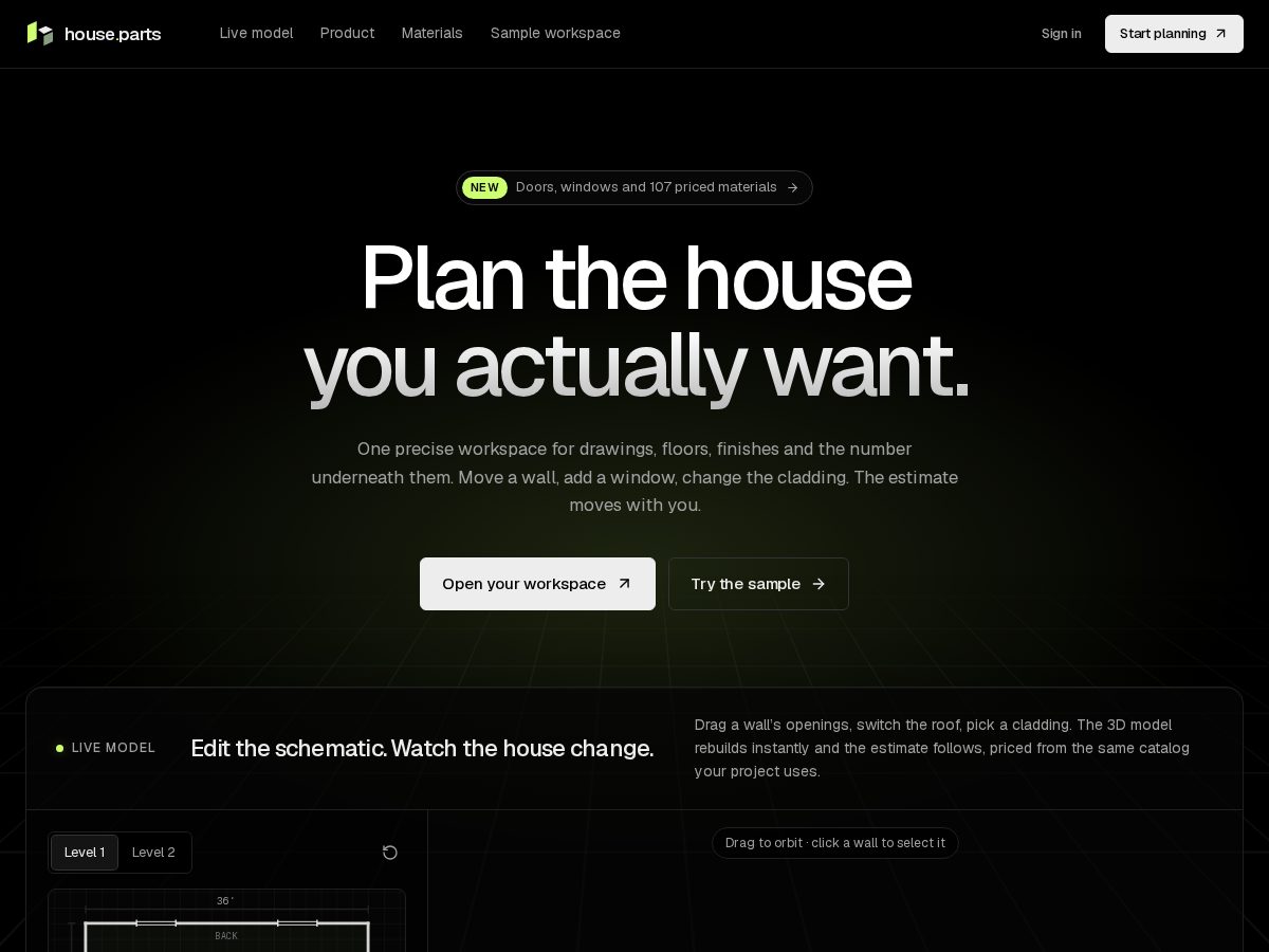 Landing-page snapshot of house.parts