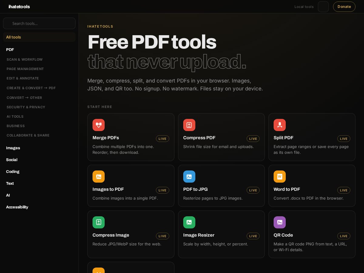 Landing-page snapshot of ihate.tools