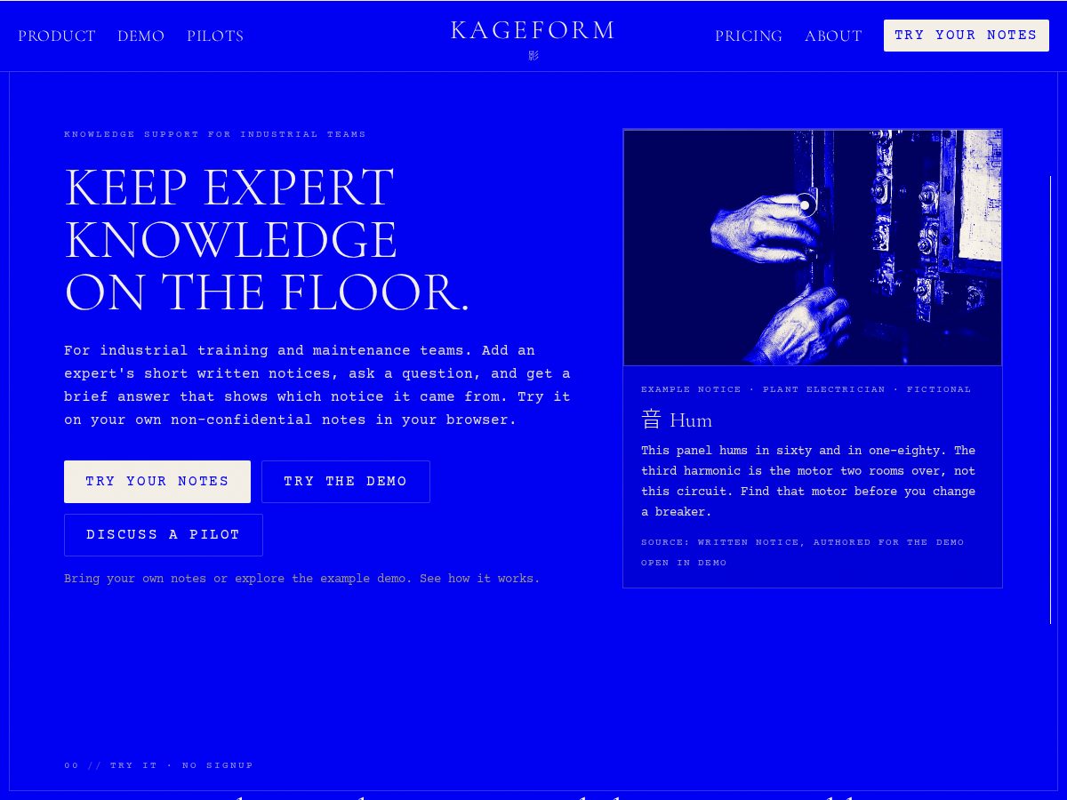 Landing-page snapshot of kageform.dev