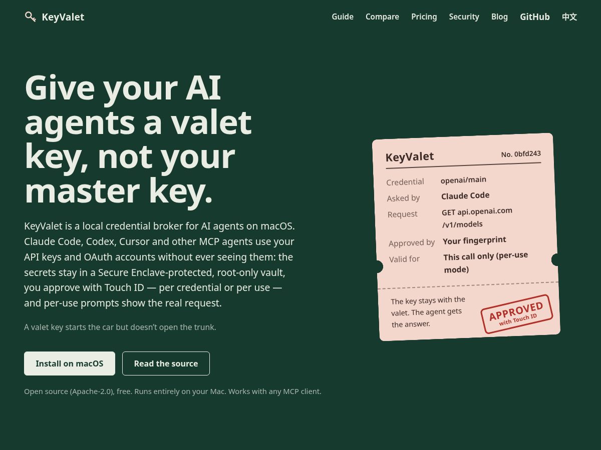 Landing-page snapshot of keyvalet.dev