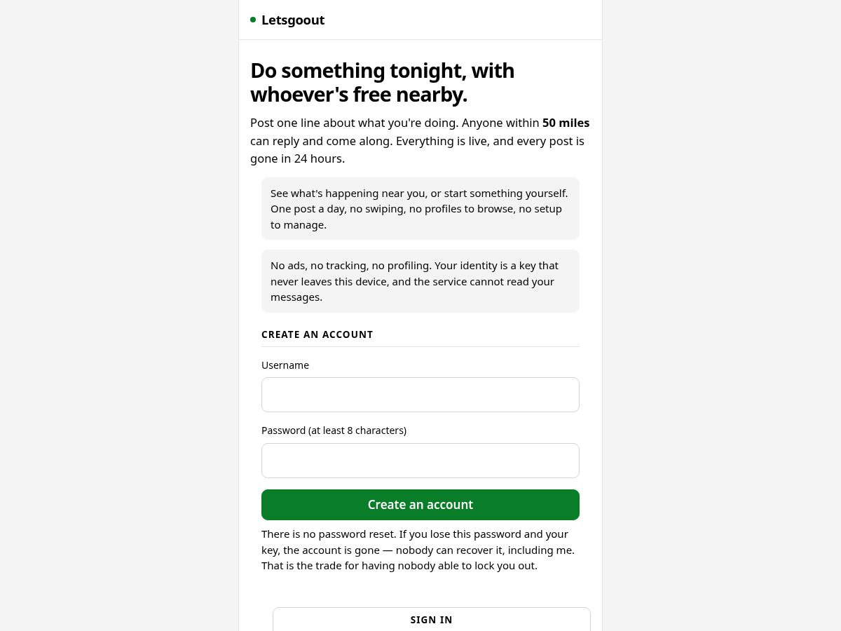 Landing-page snapshot of letsgoout.org