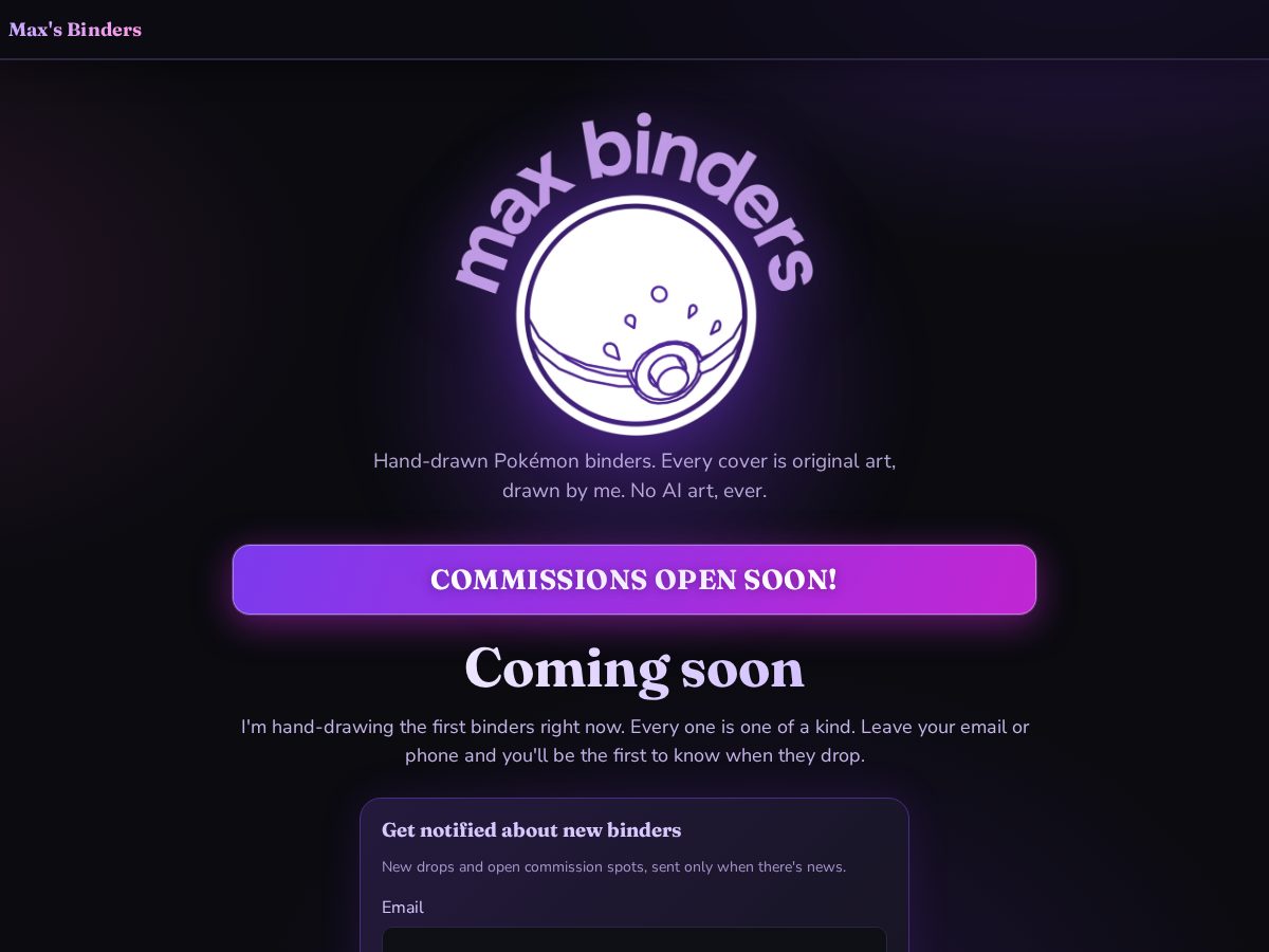 Landing-page snapshot of maxbinders.com