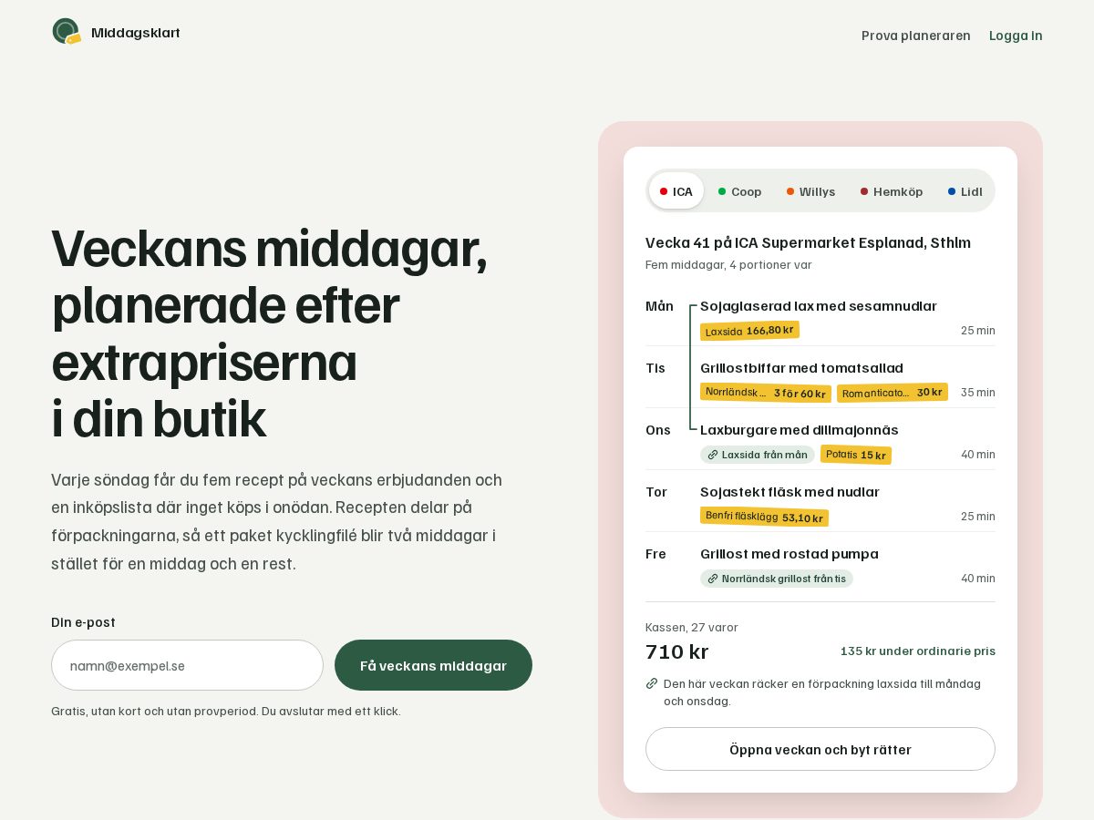 Landing-page snapshot of middagsklart.com